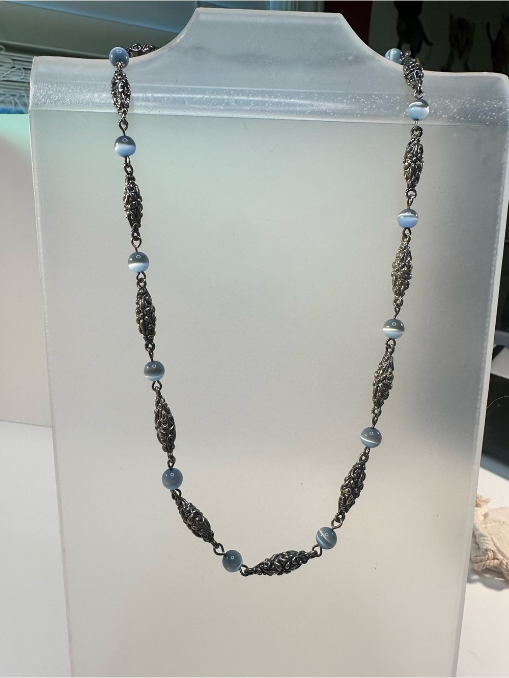 Silver Filigree Necklace with Light Blue Beads